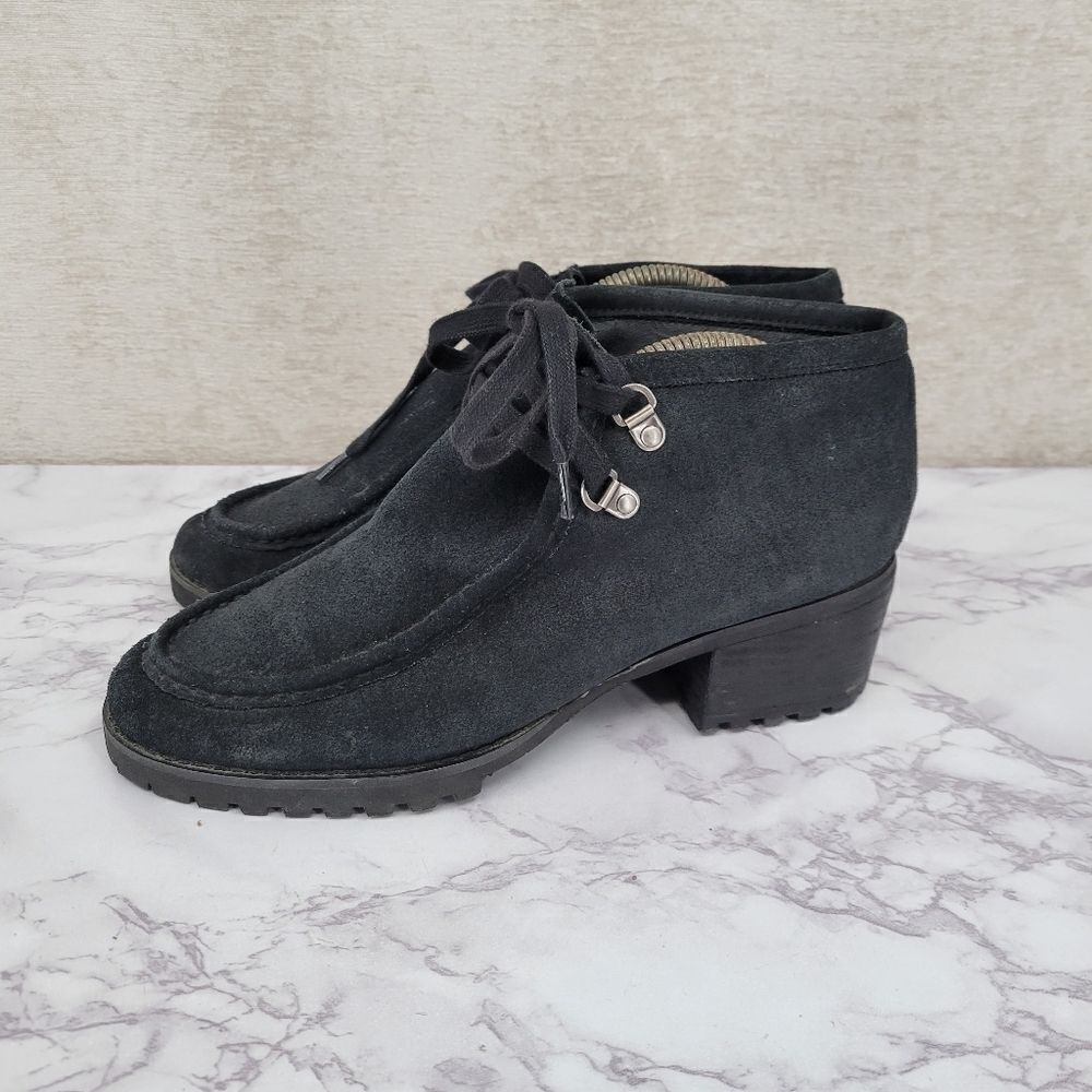 Von Dutch Sidestand Black Leather Suede Lace Up Chunky Block Heel Booties Y2K